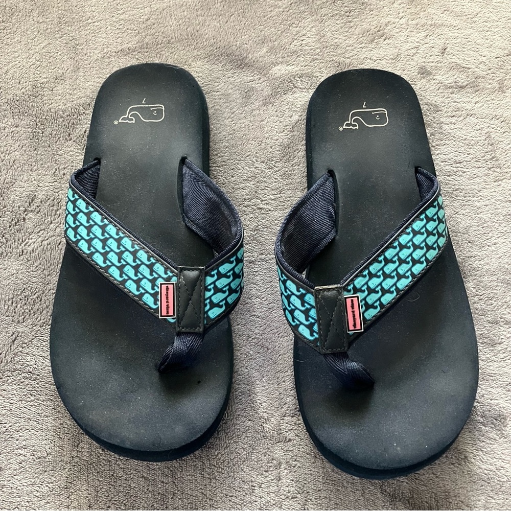 Vineyard Vines, boy’s flip flops with Whales. Worn one summer, in great shape!